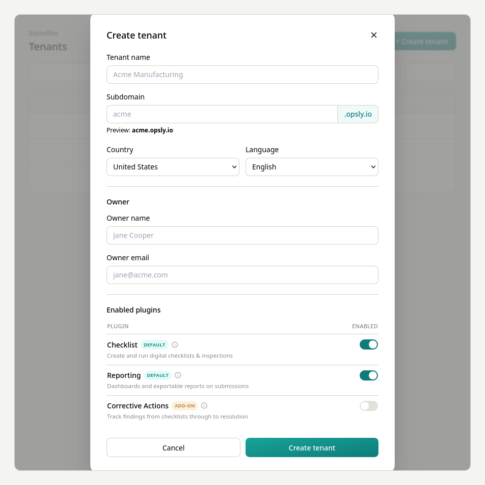 Create-tenant modal with subdomain preview, owner details and per-tenant plugin toggles